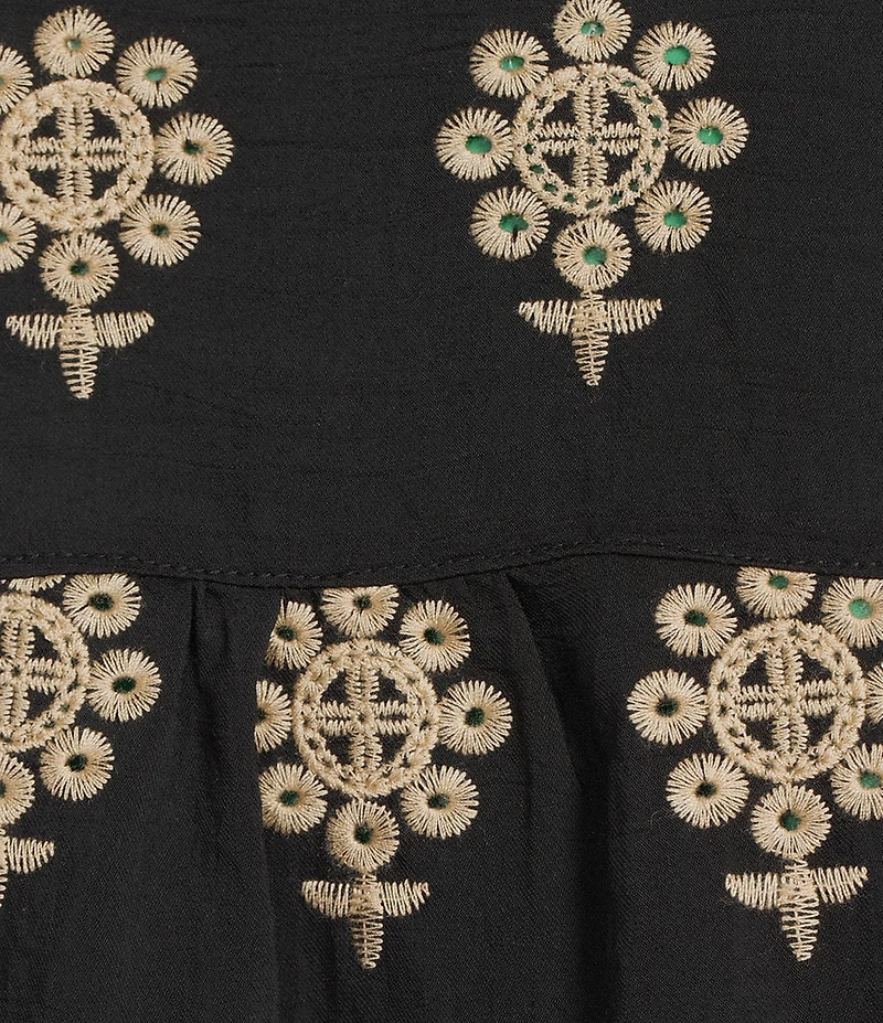 Calessa Plus Size Embroidered Medallion Split V-Neck Wrist Sleeve Button Front Tunic