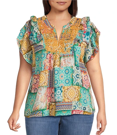 Calessa Plus Size Embroidered Modern Mosaic Print Ruffle Sleeve Tunic