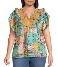 Calessa Plus Size Embroidered Modern Mosaic Print Ruffle Sleeve Tunic