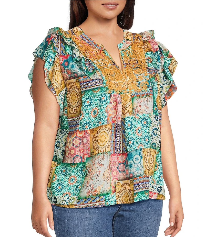 Calessa Plus Size Embroidered Modern Mosaic Print Ruffle Sleeve Tunic
