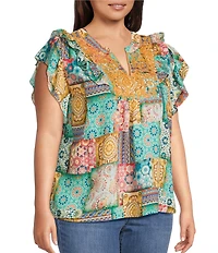 Calessa Plus Size Embroidered Modern Mosaic Print Ruffle Sleeve Tunic