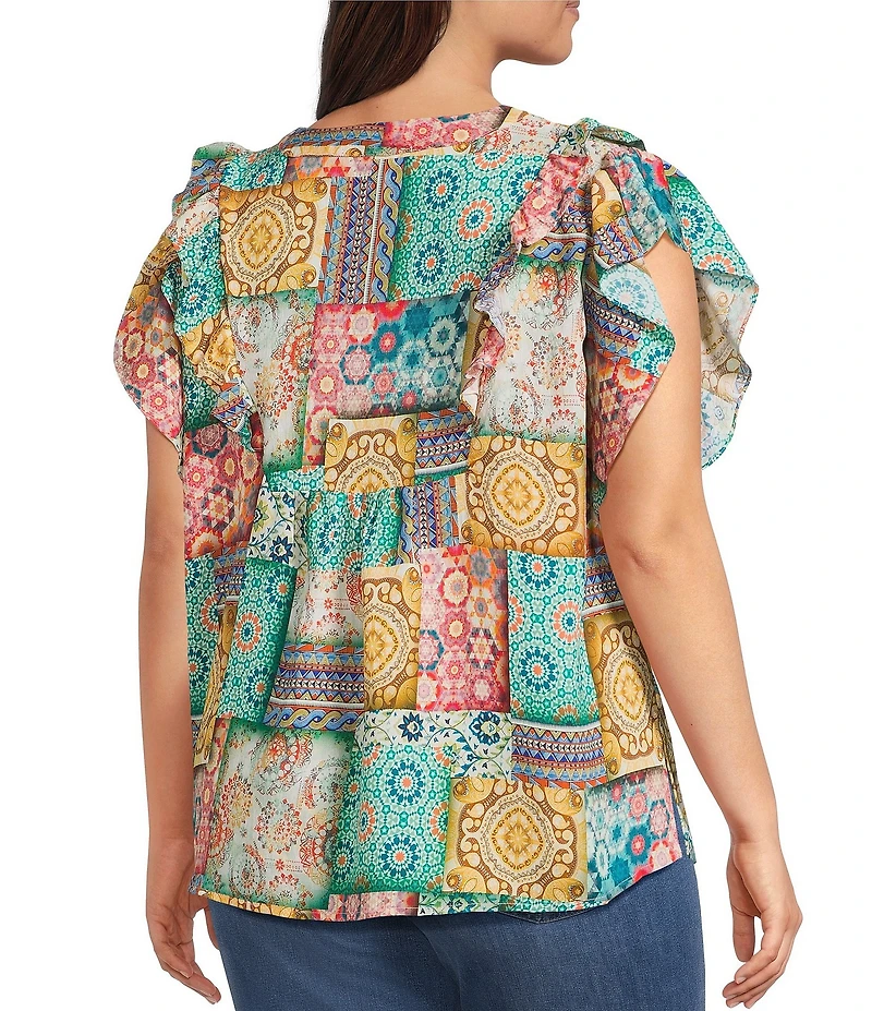 Calessa Plus Size Embroidered Modern Mosaic Print Ruffle Sleeve Tunic