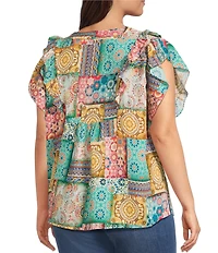 Calessa Plus Size Embroidered Modern Mosaic Print Ruffle Sleeve Tunic