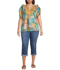 Calessa Plus Size Embroidered Modern Mosaic Print Ruffle Sleeve Tunic