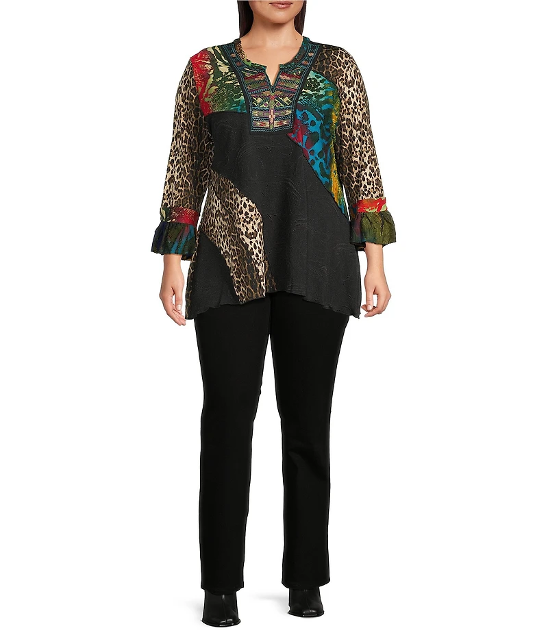 Calessa Plus Size Embroidered Patchwork Animal Print Split V-Neck 3/4 Sleeve Tunic