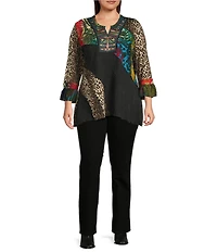 Calessa Plus Size Embroidered Patchwork Animal Print Split V-Neck 3/4 Sleeve Tunic