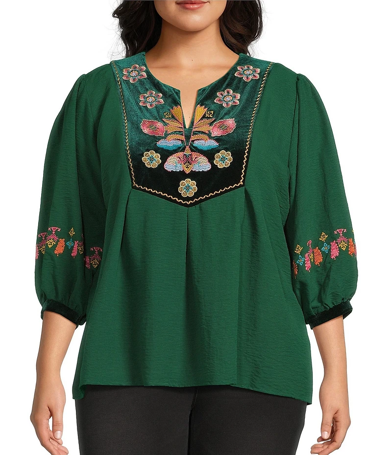 Calessa Plus Size Embroidered Patchwork Print Round Split V-Neck 3/4 Sleeve Tunic
