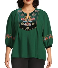 Calessa Plus Size Embroidered Patchwork Print Round Split V-Neck 3/4 Sleeve Tunic