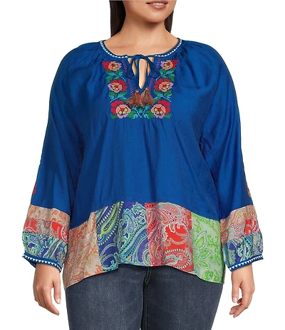 Calessa Plus Size Embroidered Patchwork Print Split V-Neck 3/4 Sleeve Tassel Tie Top