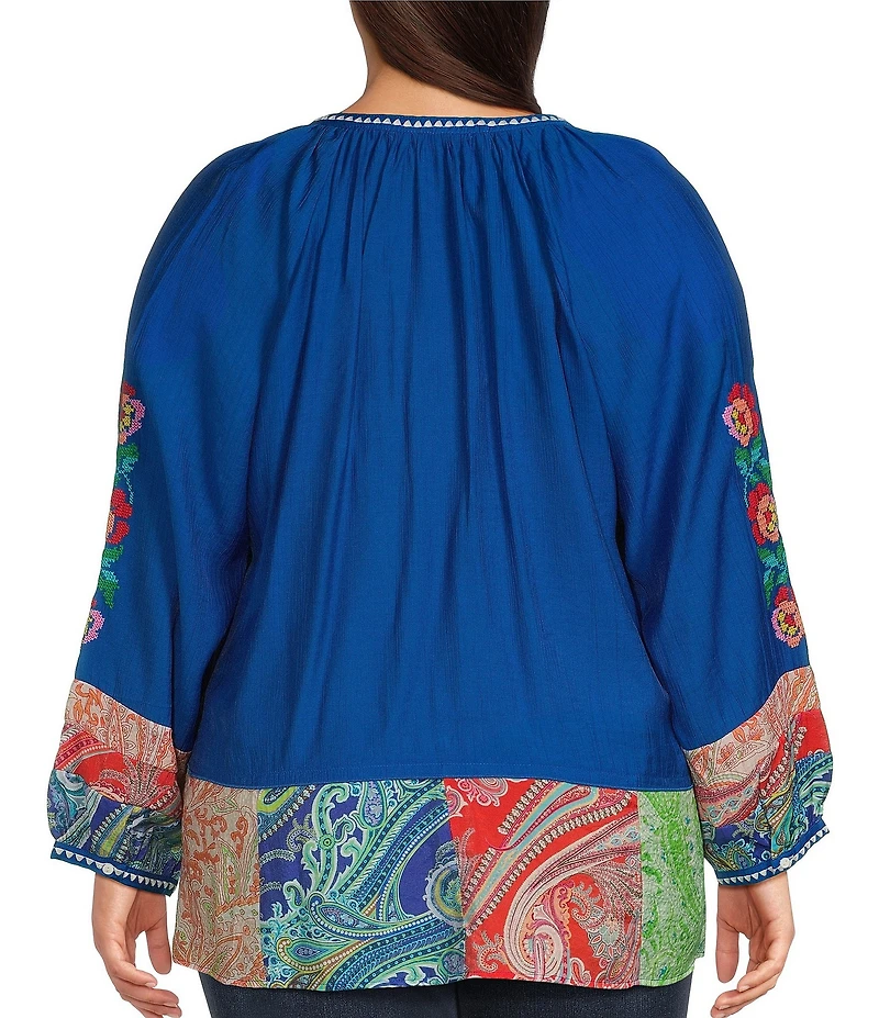 Calessa Plus Size Embroidered Patchwork Print Split V-Neck 3/4 Sleeve Tassel Tie Top