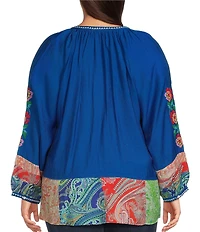 Calessa Plus Size Embroidered Patchwork Print Split V-Neck 3/4 Sleeve Tassel Tie Top