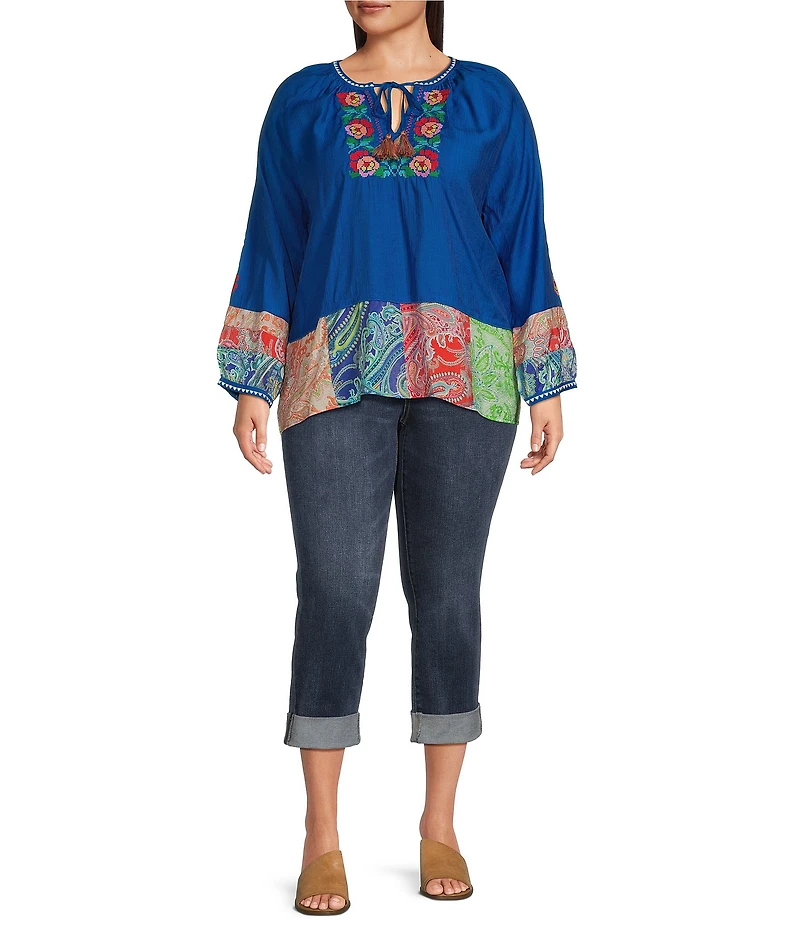 Calessa Plus Size Embroidered Patchwork Print Split V-Neck 3/4 Sleeve Tassel Tie Top