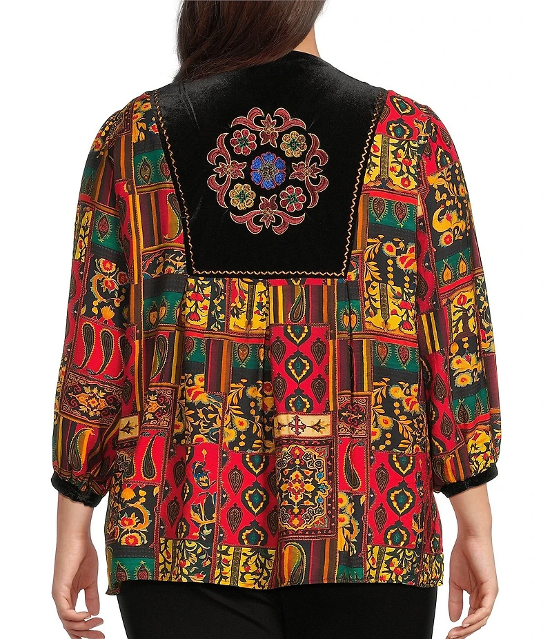 Calessa Plus Size Embroidered Patchwork Print Split V-Neck 3/4 Sleeve Tassel Tie Tunic