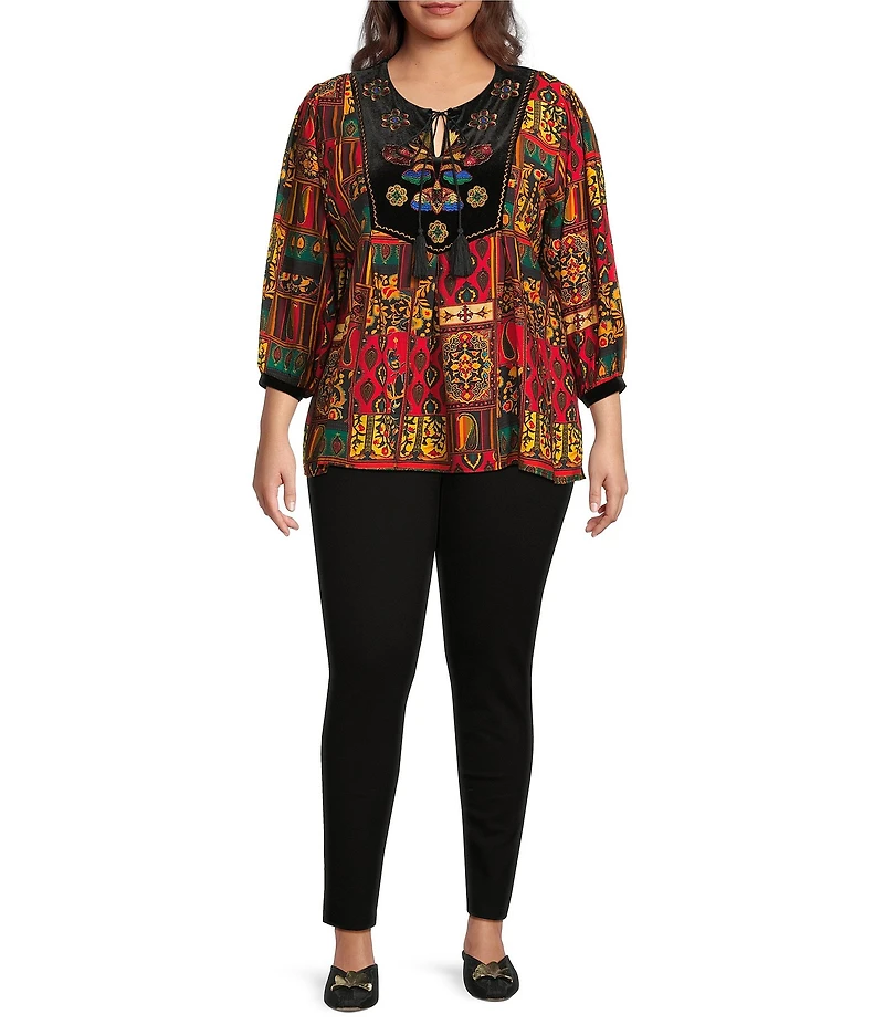 Calessa Plus Size Embroidered Patchwork Print Split V-Neck 3/4 Sleeve Tassel Tie Tunic