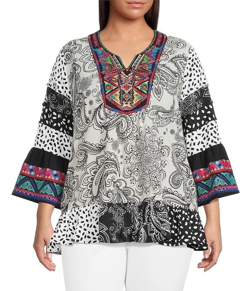 Calessa Plus Size Embroidered Patchwork Print Split V-Neck 3/4 Sleeve Tunic