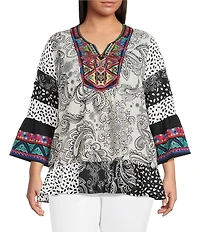 Calessa Plus Size Embroidered Patchwork Print Split V-Neck 3/4 Sleeve Tunic