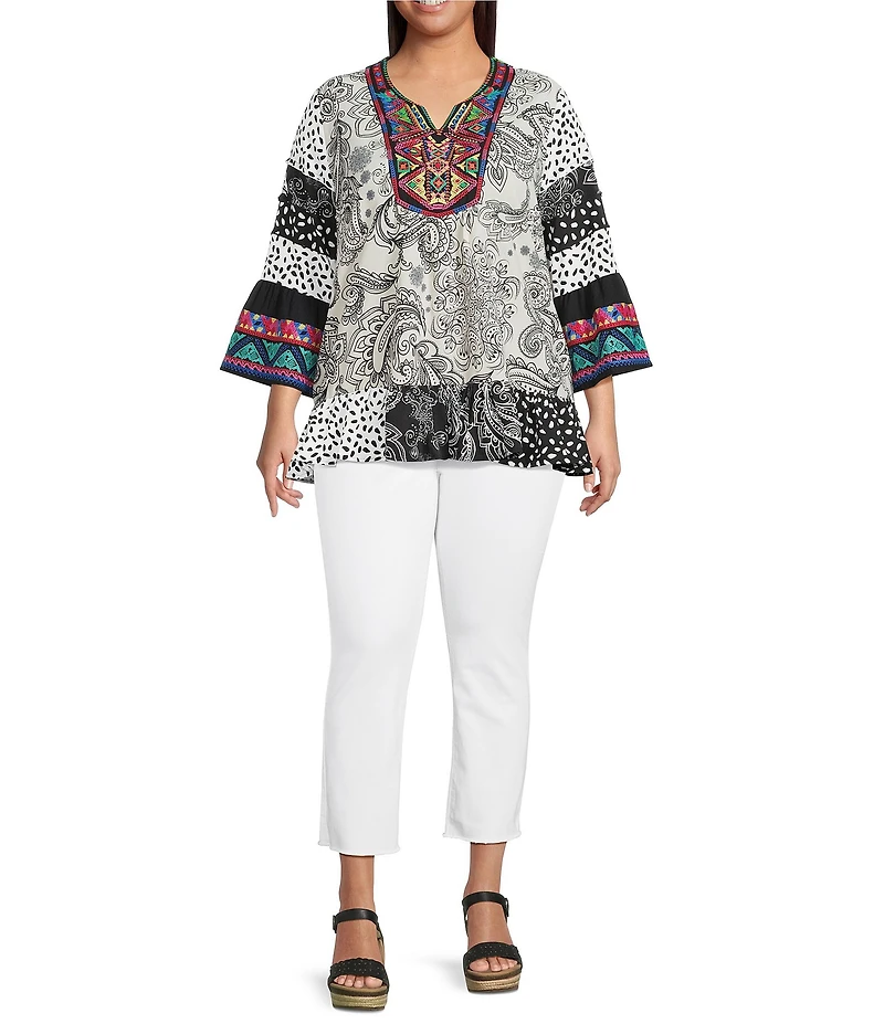 Calessa Plus Size Embroidered Patchwork Print Split V-Neck 3/4 Sleeve Tunic