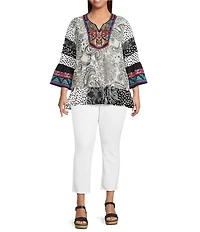 Calessa Plus Size Embroidered Patchwork Print Split V-Neck 3/4 Sleeve Tunic