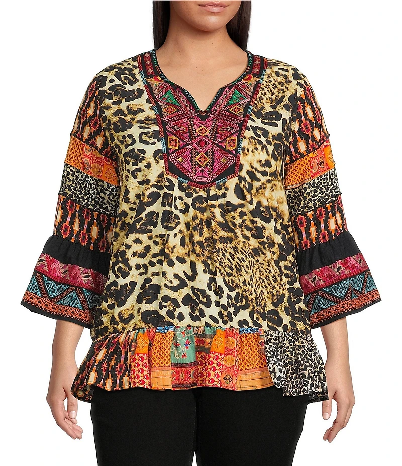 Calessa Plus Size Embroidered Cheetah Patchwork Print Split V-Neck 3/4 Sleeve Tunic