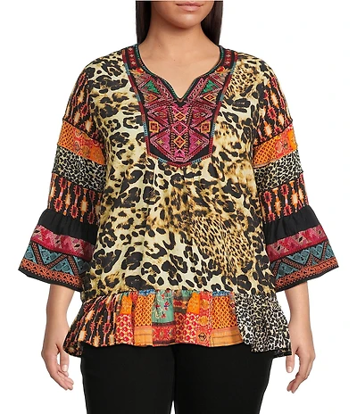 Calessa Plus Size Embroidered Cheetah Patchwork Print Split V-Neck 3/4 Sleeve Tunic