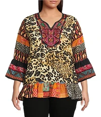 Calessa Plus Size Embroidered Cheetah Patchwork Print Split V-Neck 3/4 Sleeve Tunic