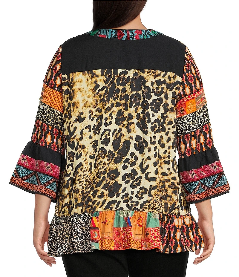 Calessa Plus Size Embroidered Cheetah Patchwork Print Split V-Neck 3/4 Sleeve Tunic