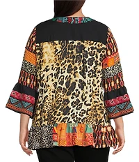 Calessa Plus Size Embroidered Cheetah Patchwork Print Split V-Neck 3/4 Sleeve Tunic