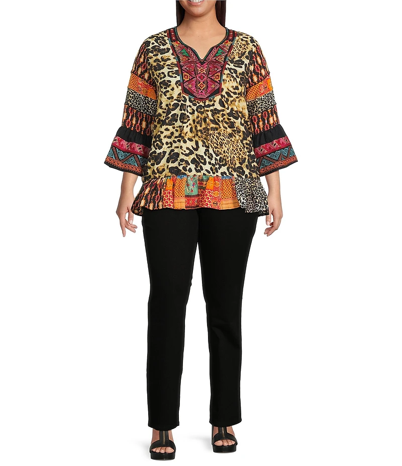 Calessa Plus Size Embroidered Cheetah Patchwork Print Split V-Neck 3/4 Sleeve Tunic