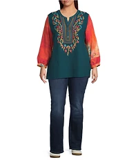 Calessa Plus Size Embroidered Patchwork Print Split V-Neck 3/4 Sleeve Tunic