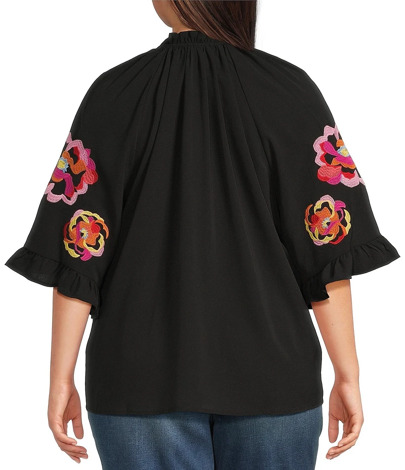 Calessa Plus Size Embroidered Patchwork Ruffle Split V-Neck 3/4 Sleeve Tunic
