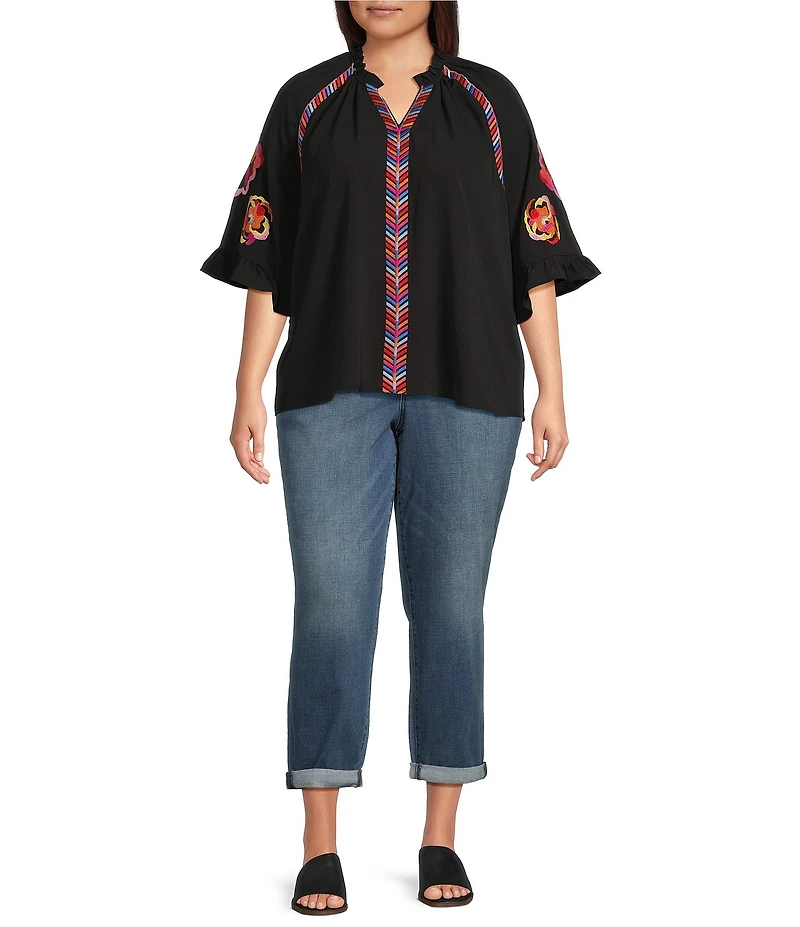 Calessa Plus Size Embroidered Patchwork Ruffle Split V-Neck 3/4 Sleeve Tunic