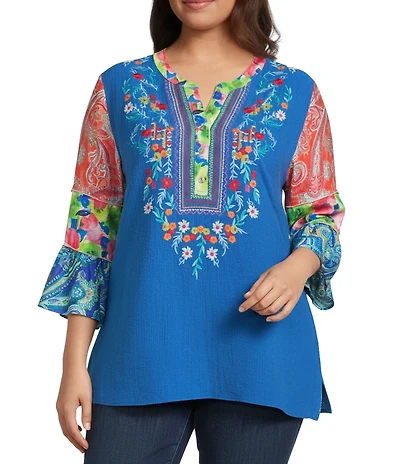 Calessa Plus Size Embroidered Patchwork Split V-Neck 3/4 Flounce Sleeve Tunic