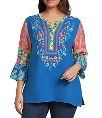 Calessa Plus Size Embroidered Patchwork Split V-Neck 3/4 Flounce Sleeve Tunic