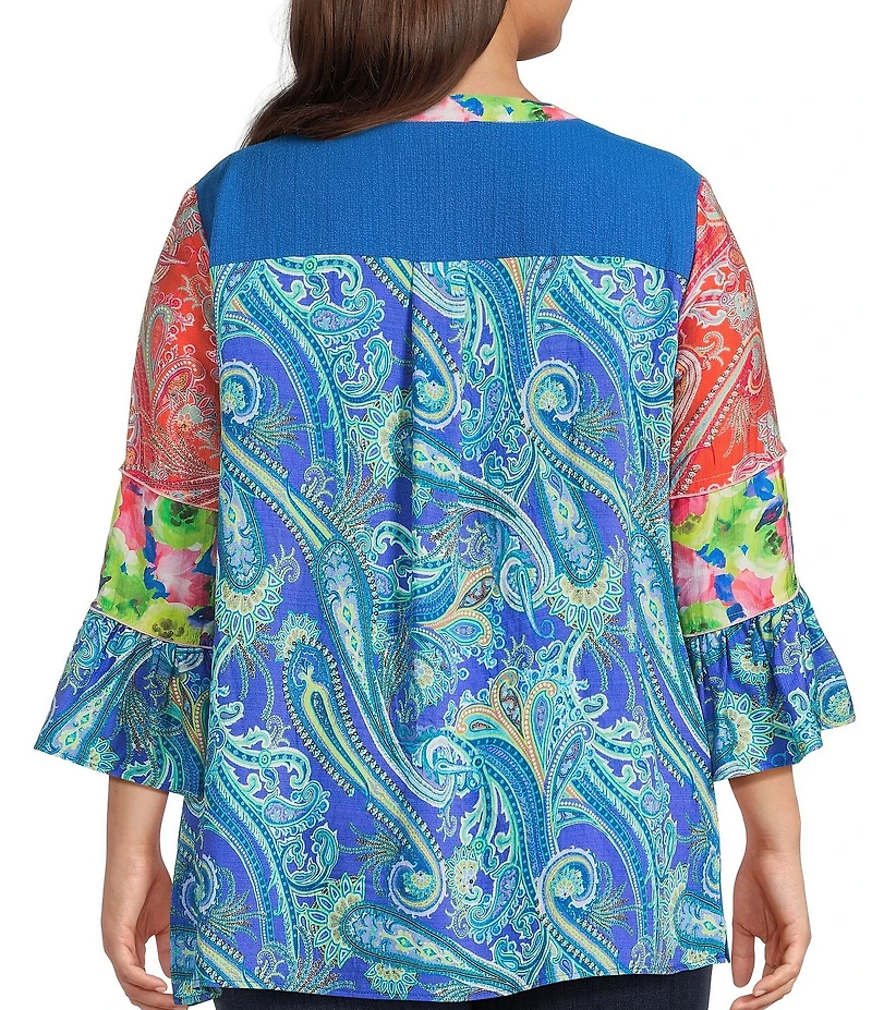 Calessa Plus Size Embroidered Patchwork Split V-Neck 3/4 Flounce Sleeve Tunic