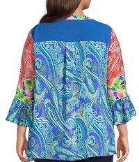 Calessa Plus Size Embroidered Patchwork Split V-Neck 3/4 Flounce Sleeve Tunic