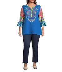 Calessa Plus Size Embroidered Patchwork Split V-Neck 3/4 Flounce Sleeve Tunic