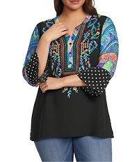 Calessa Plus Size Embroidered Patchwork Split V-Neck 3/4 Polka Dot Print Sleeve Tunic