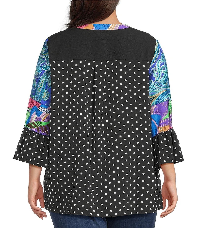 Calessa Plus Size Embroidered Patchwork Split V-Neck 3/4 Polka Dot Print Sleeve Tunic