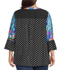 Calessa Plus Size Embroidered Patchwork Split V-Neck 3/4 Polka Dot Print Sleeve Tunic