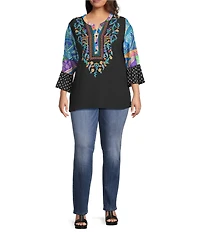 Calessa Plus Size Embroidered Patchwork Split V-Neck 3/4 Polka Dot Print Sleeve Tunic