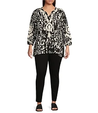 Calessa Plus Size Embroidered Patchwork Pullover Split V-Neck 3/4 Sleeve Tunic