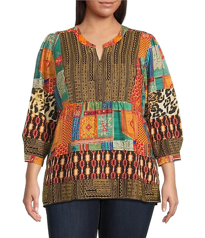 Calessa Plus Size Embroidered Patchwork Split V-Neck 3/4 Sleeve Tunic