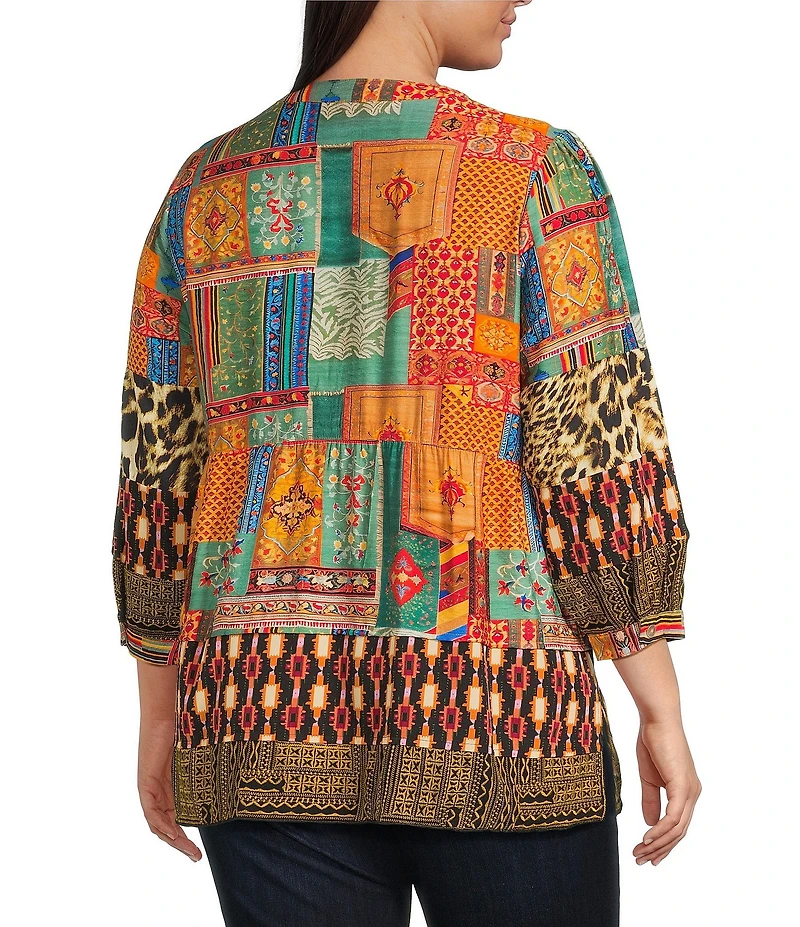 Calessa Plus Size Embroidered Patchwork Split V-Neck 3/4 Sleeve Tunic