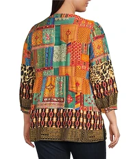 Calessa Plus Size Embroidered Patchwork Split V-Neck 3/4 Sleeve Tunic