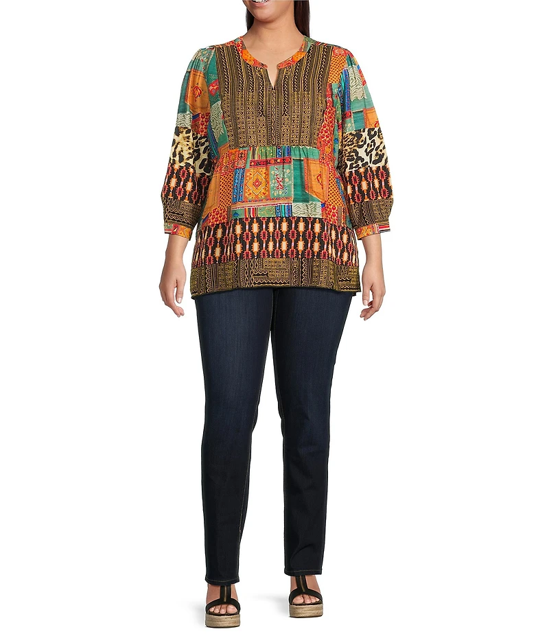 Calessa Plus Size Embroidered Patchwork Split V-Neck 3/4 Sleeve Tunic