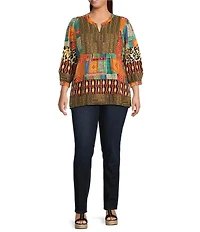 Calessa Plus Size Embroidered Patchwork Split V-Neck 3/4 Sleeve Tunic