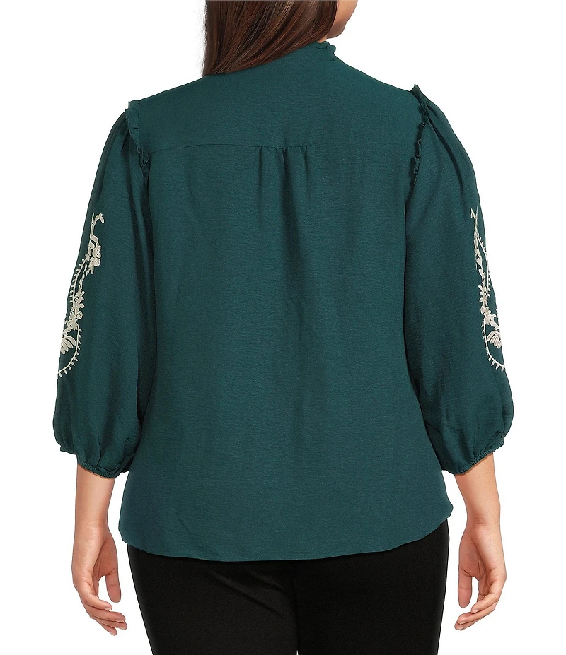 Calessa Plus Size Embroidered Placement Print Ruffle Split V-Neck 3/4 Sleeve Button Front Tunic
