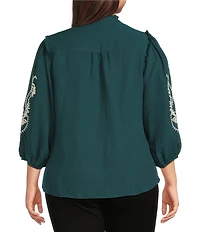 Calessa Plus Size Embroidered Placement Print Ruffle Split V-Neck 3/4 Sleeve Button Front Tunic