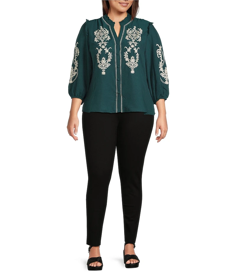 Calessa Plus Size Embroidered Placement Print Ruffle Split V-Neck 3/4 Sleeve Button Front Tunic