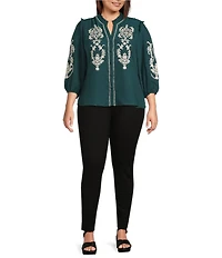 Calessa Plus Size Embroidered Placement Print Ruffle Split V-Neck 3/4 Sleeve Button Front Tunic